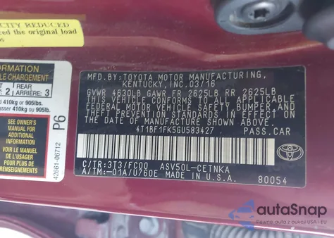 2016 Toyota Camry Le from USA, damaged, VIN 4T1BF1FK5GU583427